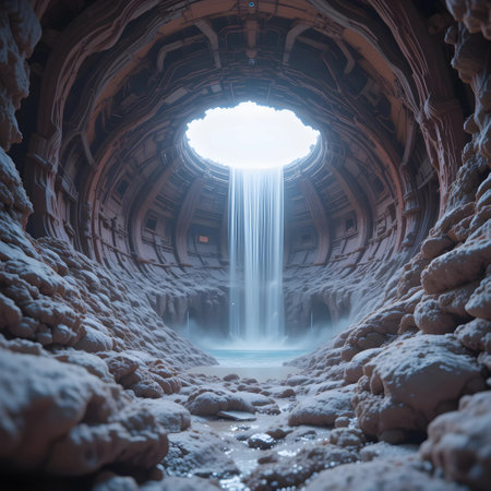 Fantasy landscape with a waterfall in a cave. 3d renderingの素材