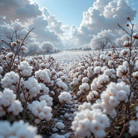 Cotton field in winter season. Beautiful landscape with cotton field.の素材