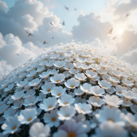 Cosmos flower field with birds in the blue sky and white cloudsの素材