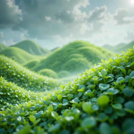 Green tea field and blue sky background. Close up of tea plantationの素材
