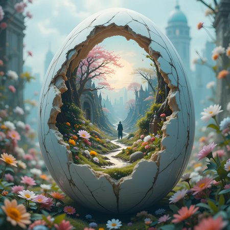 Easter egg in the shape of an egg with a beautiful spring landscapeの素材