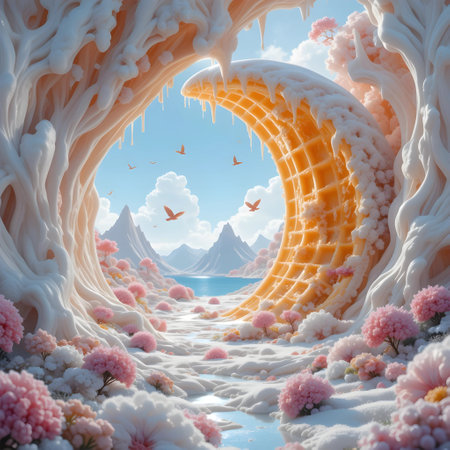Fantasy landscape with ice cave in the form of an arch. 3d renderingの素材