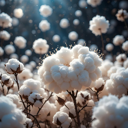 Beautiful fluffy cotton flowers in the field, ready for harvesting.の素材