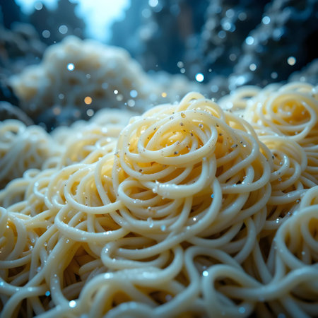 Close up of spaghetti on black background. Shallow depth of field.の素材