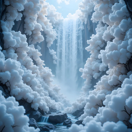 3D rendering of a waterfall in a forest with white clouds.の素材