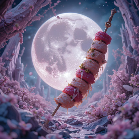 skewers on the background of the full moon. 3d renderingの素材