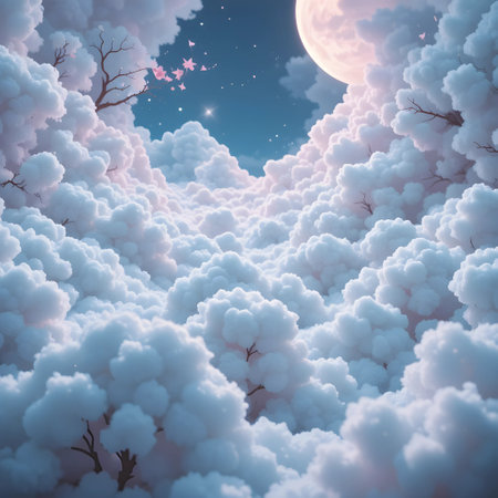 Clouds in the sky with a full moon and stars. 3d illustrationの素材