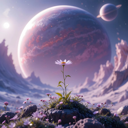 Cosmic landscape with planets, stars and flowers. 3d renderの素材