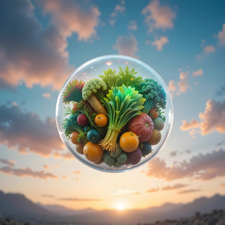 Fruits and vegetables in a glass sphere against the background of the sunsetの素材