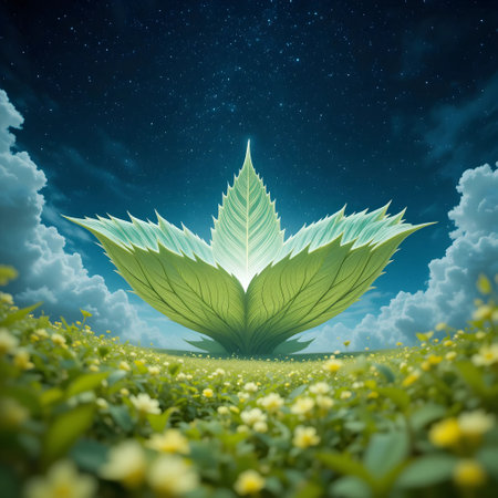 Green leaf with starry sky background, nature and ecology concept.の素材