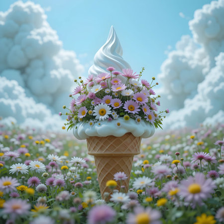 Ice cream with flowers in a waffle cone on the meadow, 3d renderの素材