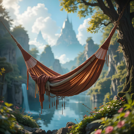 Hammock on the background of a beautiful waterfall and lake.の素材