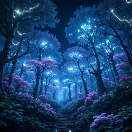 Beautiful fantasy forest with neon lights and trees. Vector illustration.の素材