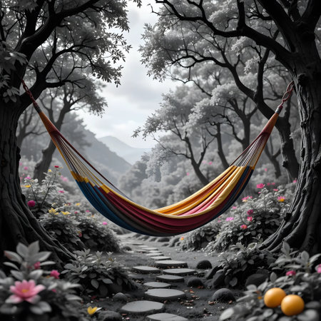 Hammock in the garden with nature background,3d renderの素材