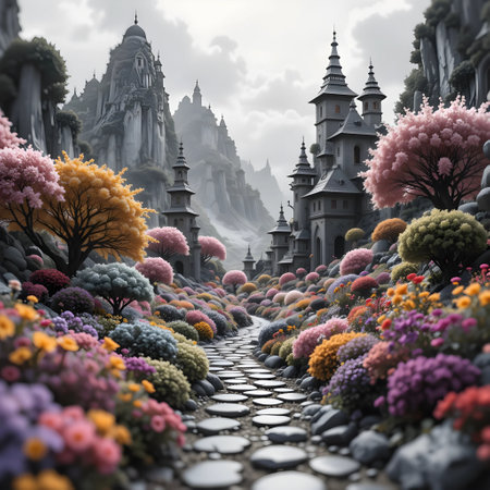 Fantasy fantasy landscape with fantasy castle and flowers. 3d renderingの素材