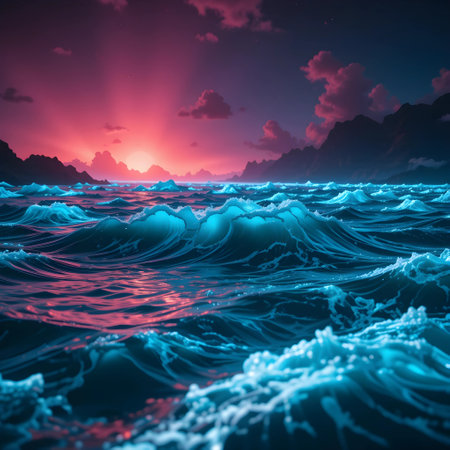 Sea waves at sunset. 3D render of sea waves at sunsetの素材