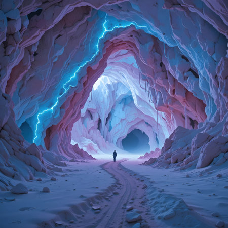3D illustration of a man walking through an ice cave in the mountainsの素材