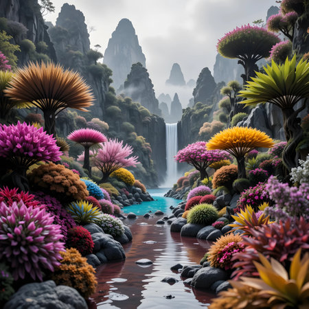 3D rendering of a fantasy fantasy landscape with a waterfall and beautiful flowersの素材