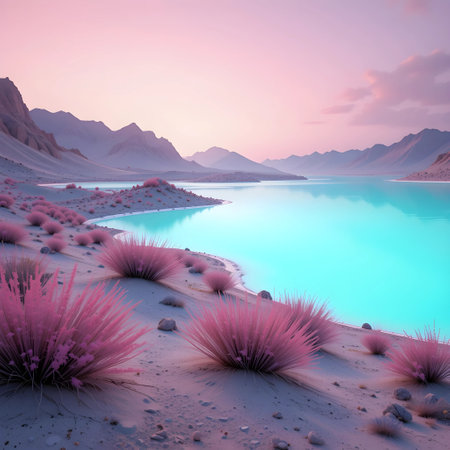 Fantasy alien planet. Mountain and lake. 3D illustration.の素材