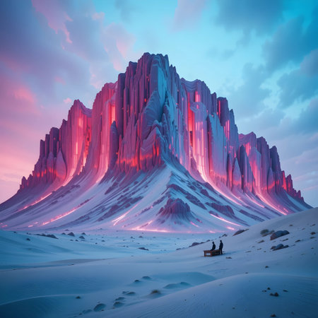 Fantasy landscape with snowy mountains at sunset. 3D illustration.の素材