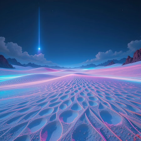 Futuristic landscape with mountains and glowing lines. 3d renderingの素材