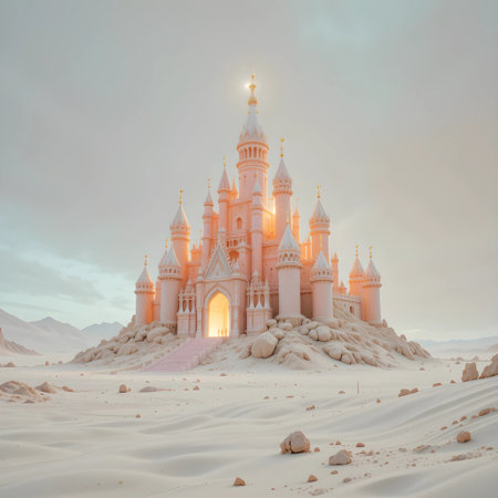 3D rendering of a fantasy fairytale castle in the desertの素材