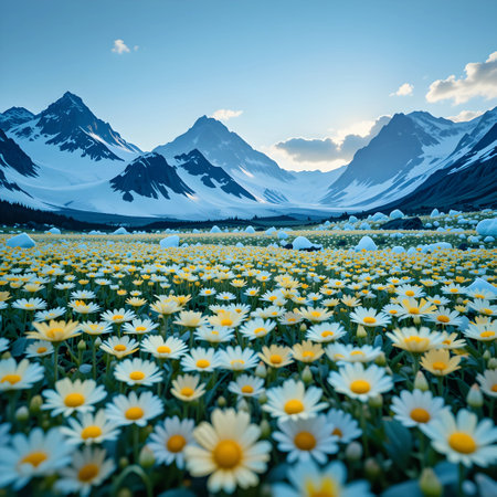 Field of daisies and mountains in the background at sunset.の素材