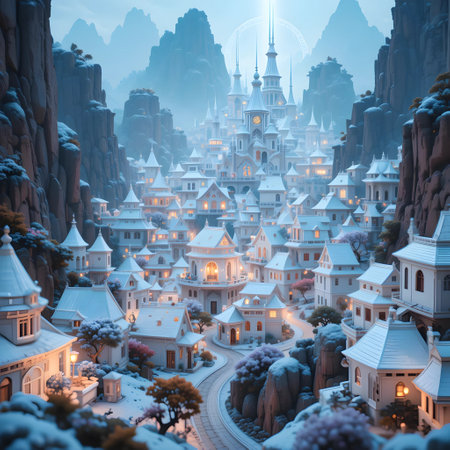 Mysterious fantasy fairy tale castle in the snow. 3d renderingの素材