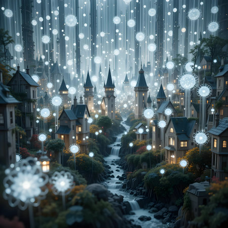Fantasy landscape with old town and falling snow. 3D renderingの素材