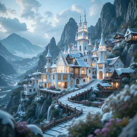 Magic Fairy Tale Castle in the mountains. Fantasy Landscape. 3D Renderingの素材