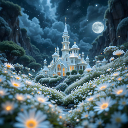 Fantasy castle on the hill with white flowers and full moon.の素材