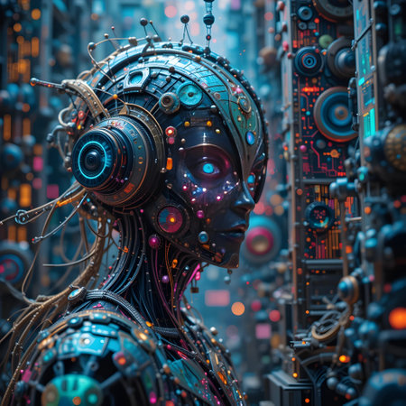 3D rendering of a futuristic robot head in a cyberspaceの素材