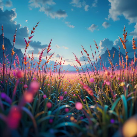 Fantasy landscape with grass, flowers and mountains in the background.の素材