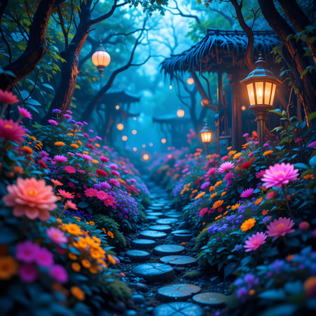 Beautiful flower garden in the morning with lanterns and fog.の素材