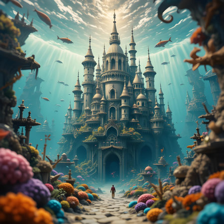 Fantasy castle in underwater world. 3D illustration. Fantasy landscape.の素材