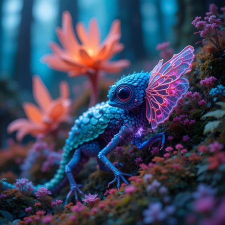Fantasy blue frog in the flower garden. 3d rendering.の素材