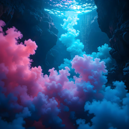 Underwater scene with deep blue and pink clouds. 3d renderingの素材