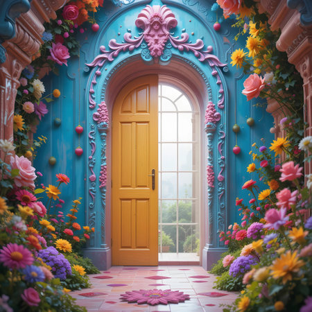 Colorful door in the garden with flowers. 3d rendering.の素材
