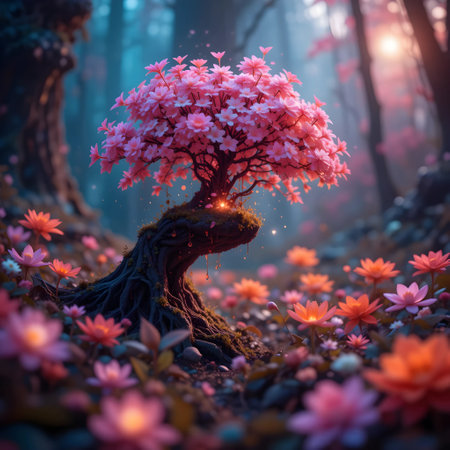 Beautiful pink sakura blossoms in the forest,3d renderingの素材