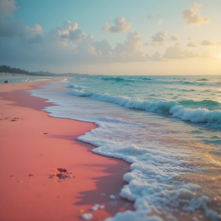 Beautiful sunset on the beach with pink sand and turquoise waterの素材