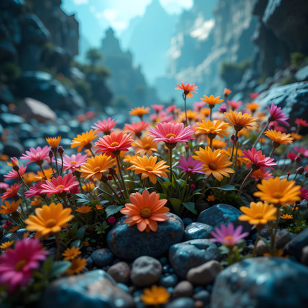 Flower garden in the mountains. Colorful flowers in the mountains.の素材