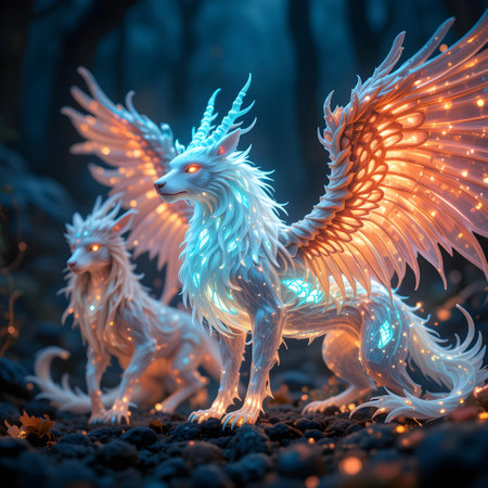 Fairy tale creature with wings and bokeh lights. 3d renderingの素材