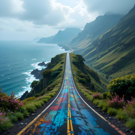Highway on the Atlantic Ocean, Madeira island, Portugal.の素材