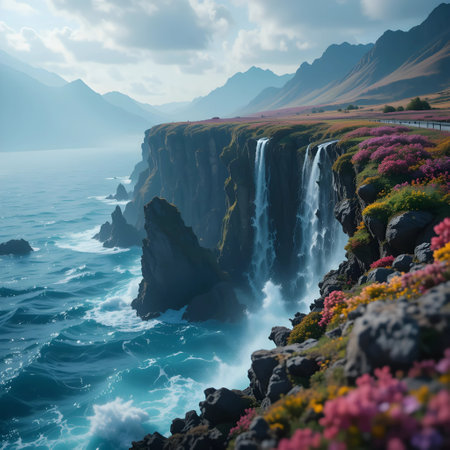 Beautiful seascape with a waterfall and blooming flowers.の素材