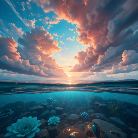 Beautiful sunset over the lake with reflection in water, 3d renderの素材