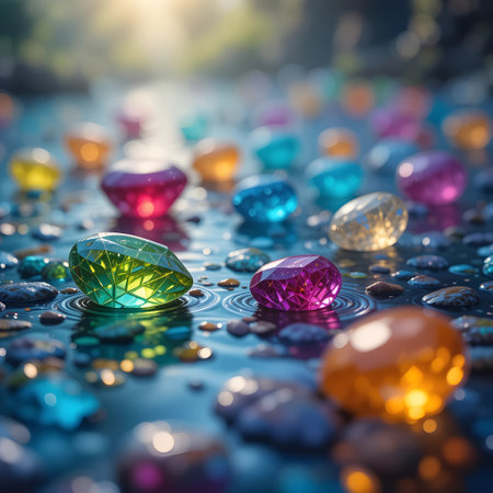 Colorful glass beads on wet surface with water drops and sunlightの素材