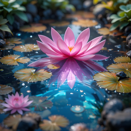Pink lotus flower floating on the water. 3d rendering.の素材
