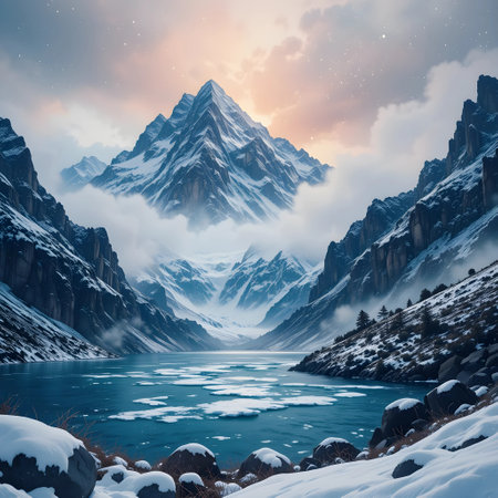 Beautiful winter landscape with snowy mountains and lake at sunset. 3d renderingの素材