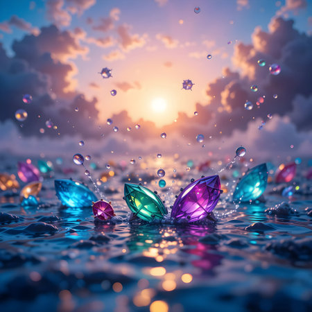 Magic crystal on the sea with sunset background. 3d rendering.の素材