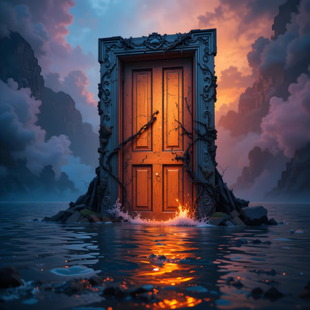 Fantasy landscape with old wooden door in the water. 3d illustrationの素材